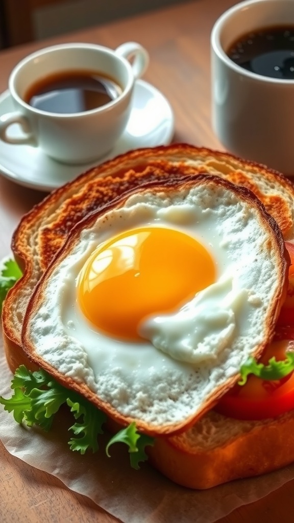 A toasted egg sandwich with a fried egg, lettuce, and tomato on a wooden table with coffee.